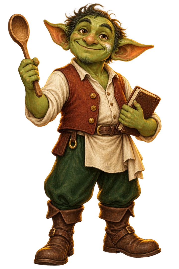 A friendly goblin tavern keeper holding a spoon and recipe book