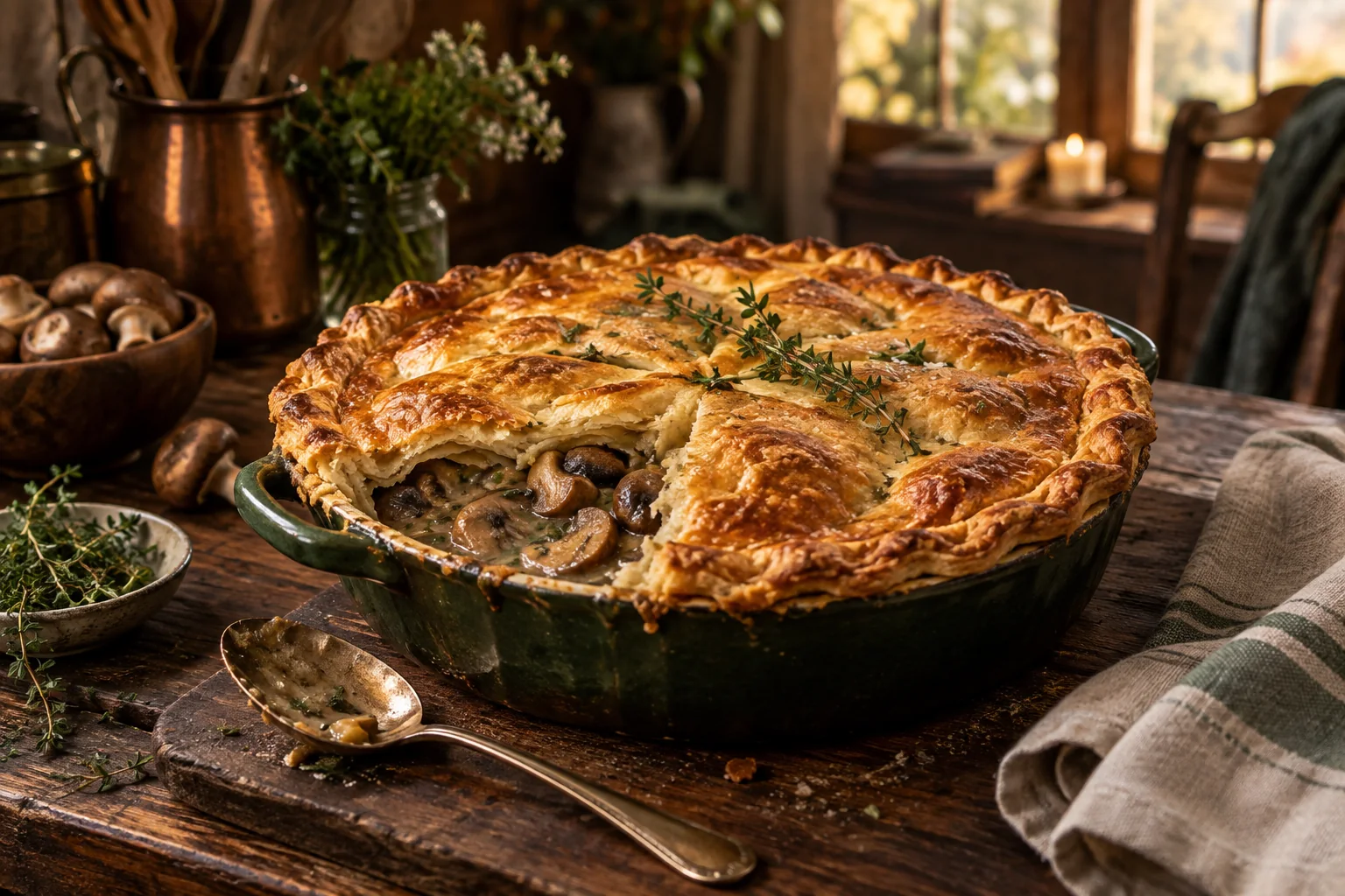 Golden mushroom and thyme pot pie on a wooden table